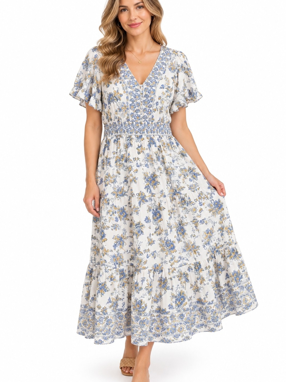 Smocked Waist Floral Cotton Maxi Dress Blue & Cream 3X